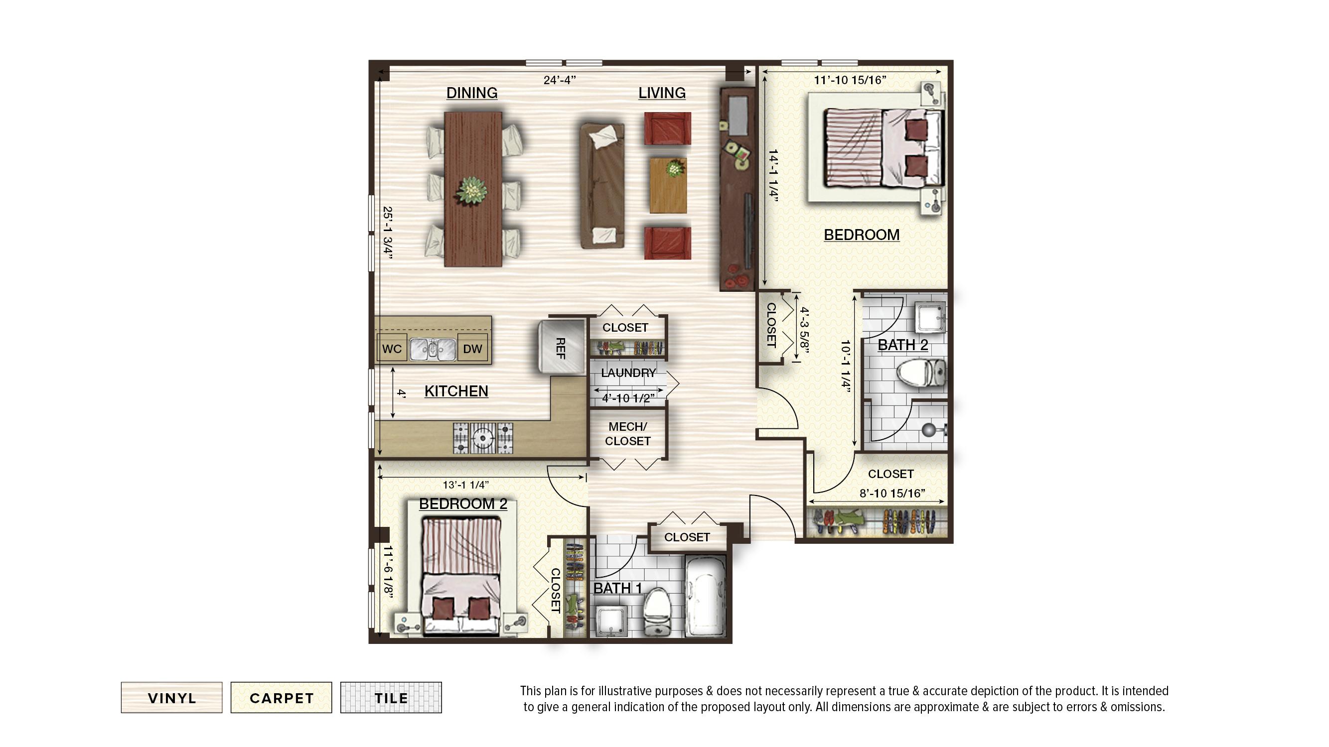 The Summit 3 apartment floor plan with 2 bedrooms and 2 baths
